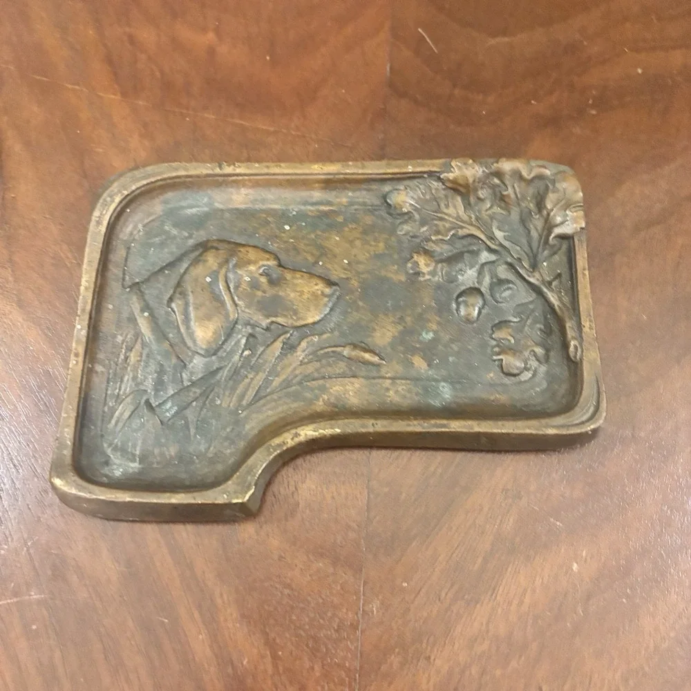 Vintage Brass Hunting Dog Oak Leaf Acorn Desk Tray Ashtray Trinket Dish 5"